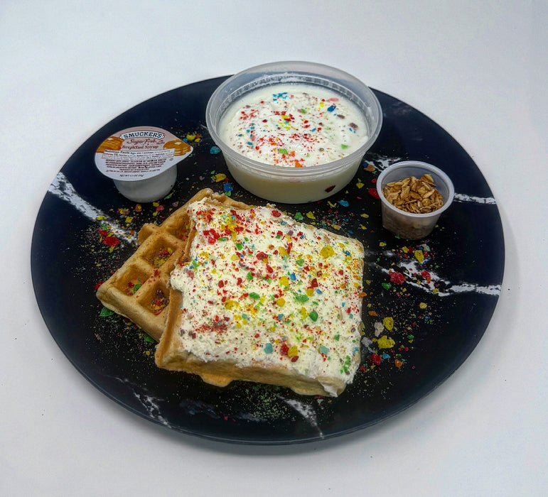 Plate with waffles, ice cream, and granola on a white background a meal made by the halal meal prep.