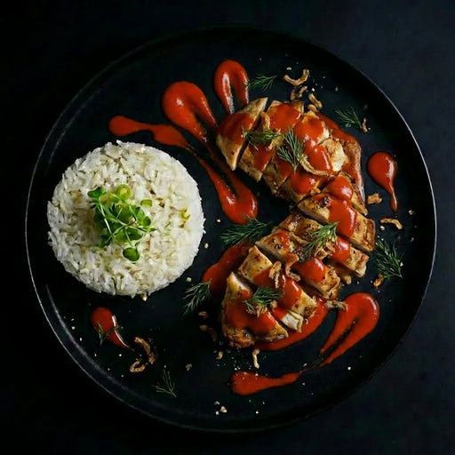 Plated dish with sliced meat, rice, and red sauce on a dark background. The Halal Meal Preps