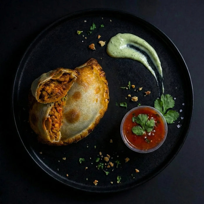 Empanada with a side of green and red sauces on a dark plate