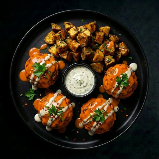 Platter of roasted sweet potatoes and potatoes with a creamy dip on a dark background. The Halal Meal Preps