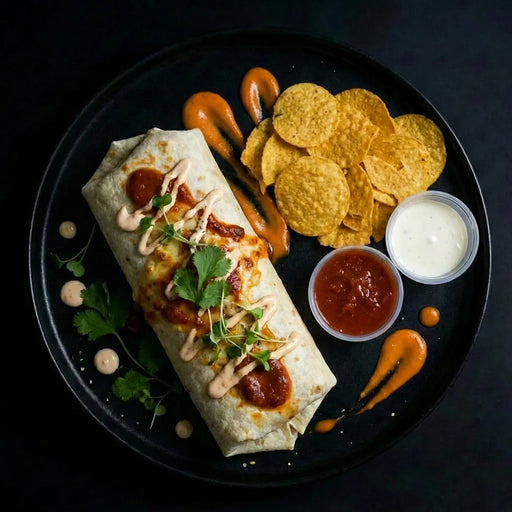 Burrito with toppings, tortilla chips, and sauces on a black plate. The Halal Meal Preps