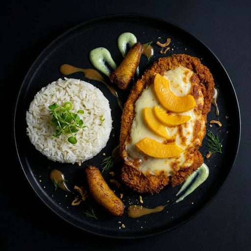 Plated dish with breaded dish, rice, and vegetables on a dark background. The Halal Meal Preps