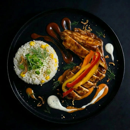 Plated dish with rice, vegetables, and meat on a dark background