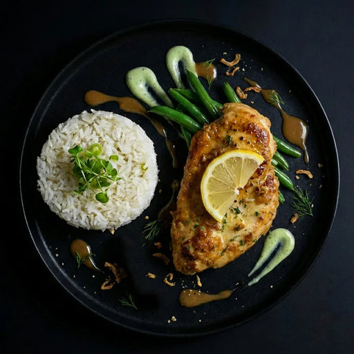 Plated dish with chicken breast, green beans, lemon wedge, and rice on a dark background