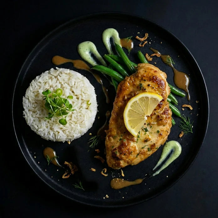 Plated dish with chicken breast, green beans, lemon wedge, and rice on a dark background