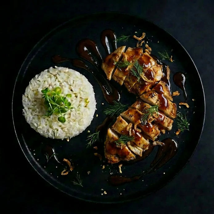 Plated dish with sliced meat, rice, and herbs on a dark background. Meal made by the halal meal prep.