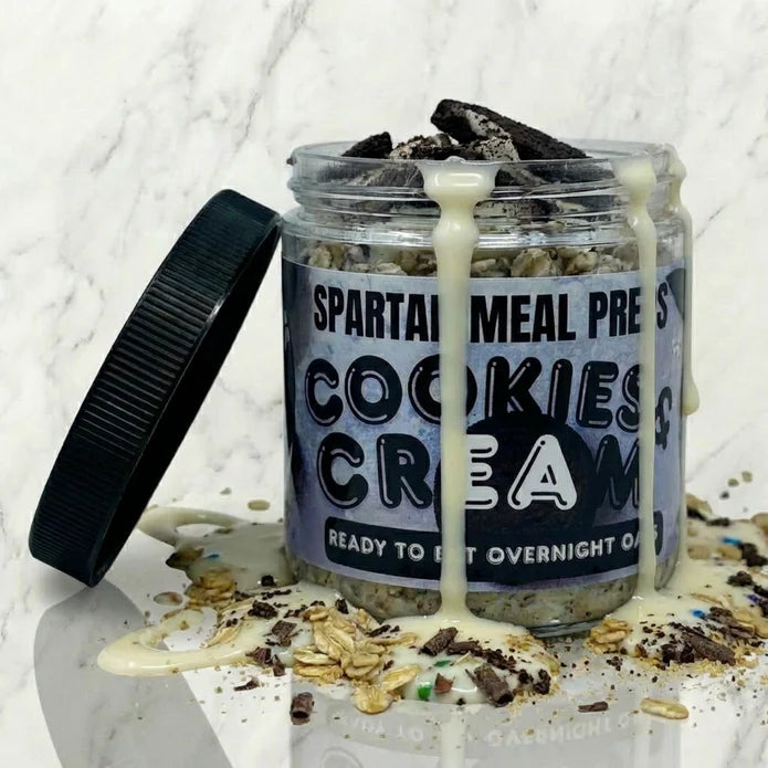 Jar of Spartan Meal Pre's Cookies & Cream overnight oats with a white background