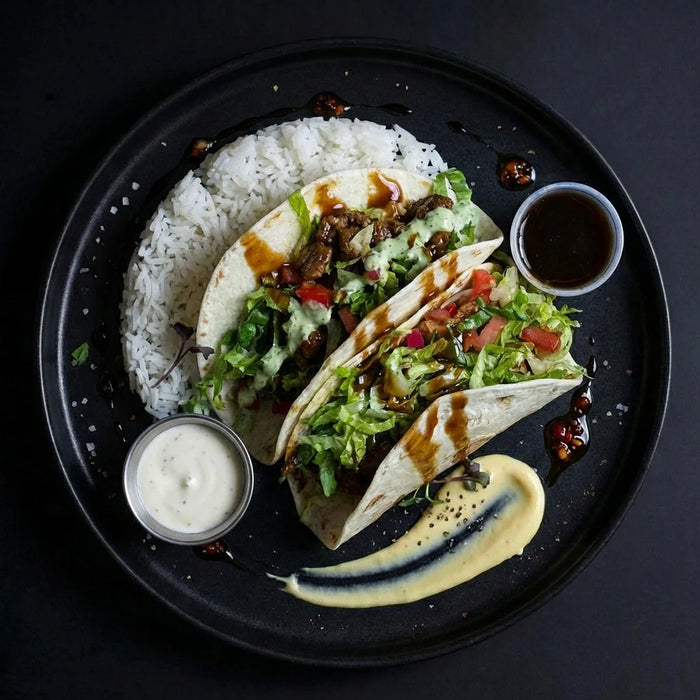 Tacos with rice and sides on a black plate. The Halal Meal Preps