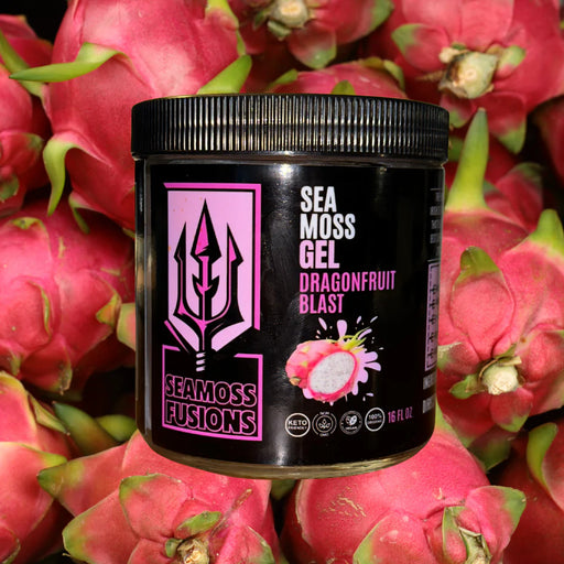 Sea moss gel container with dragonfruit blast flavor on a background of dragon fruits.