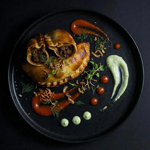 Two pastries on a dark plate with garnishes and sauces