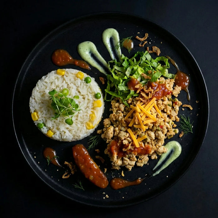 Plated meal with rice, ground meat, and vegetables on a black plate. The Halal Meal Preps