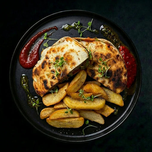 Plated dish with bread, potatoes, and a red sauce on a dark background