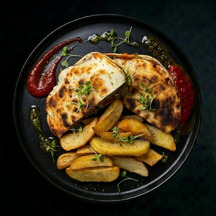 Plated dish with bread, potatoes, and a red sauce on a dark background