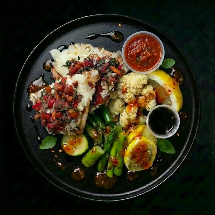 Plated dish with roasted vegetables, cauliflower, and a side of sauce on a dark background