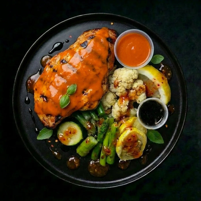 Plated dish with roasted chicken, vegetables, and dipping sauces on a dark background