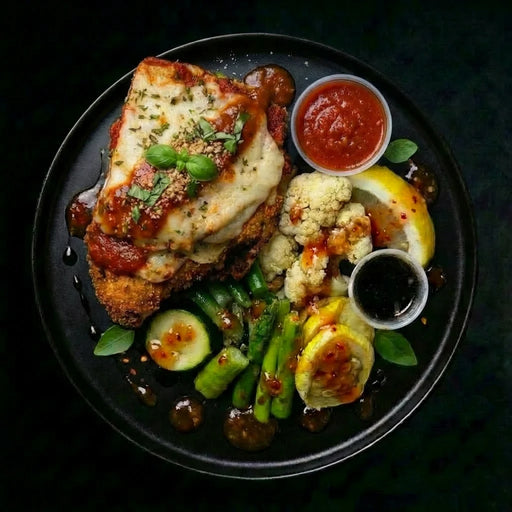 Plated dish with breaded chicken, vegetables, and sauces on a dark background