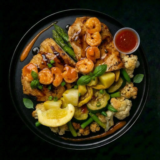 Plated dish with shrimp, vegetables, and a side of sauce on a dark background.