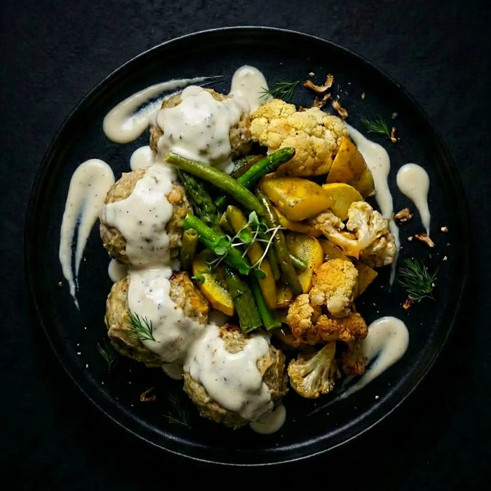 Plated dish of roasted vegetables with a creamy sauce on a dark background