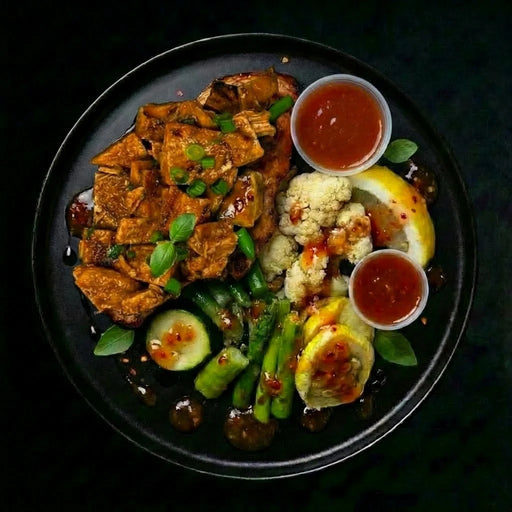 Plated dish with grilled chicken, vegetables, and sauces on a dark background