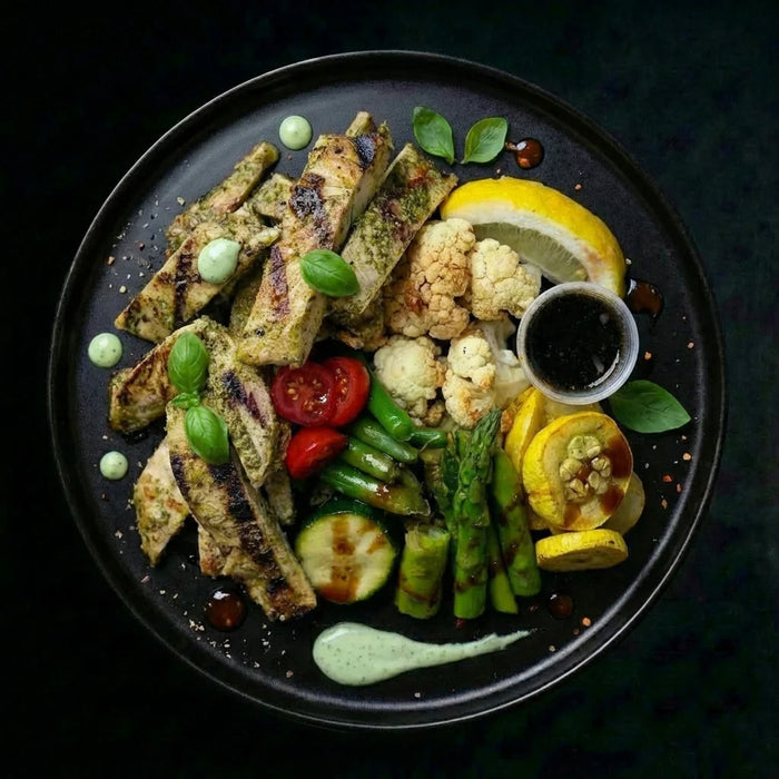 Plated dish of grilled chicken with vegetables on a dark background