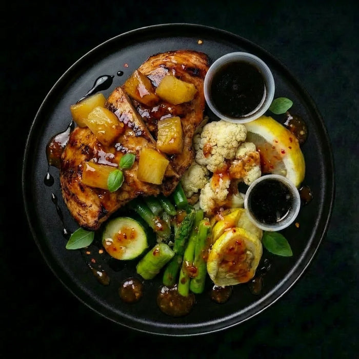 Plated dish with chicken, vegetables, and a side of cauliflower on a dark background