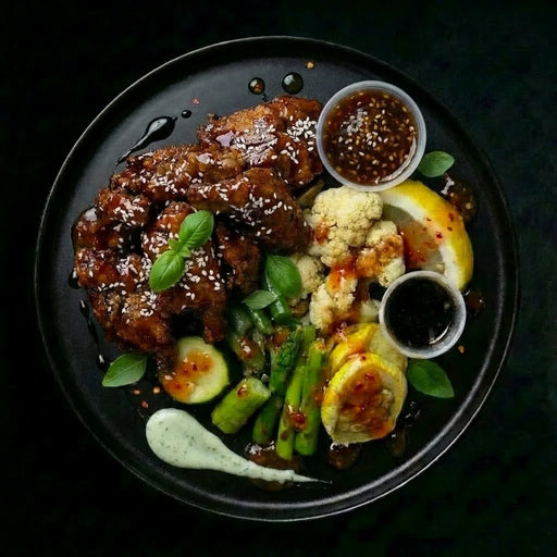 Plated dish with meat, vegetables, and sauces on a dark background
