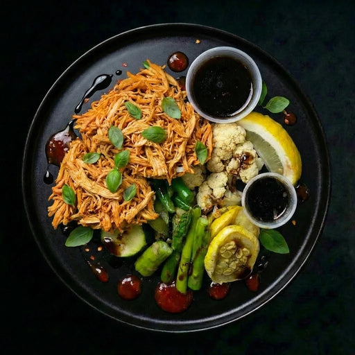 Plated dish with shredded chicken, vegetables, and sauces on a dark background