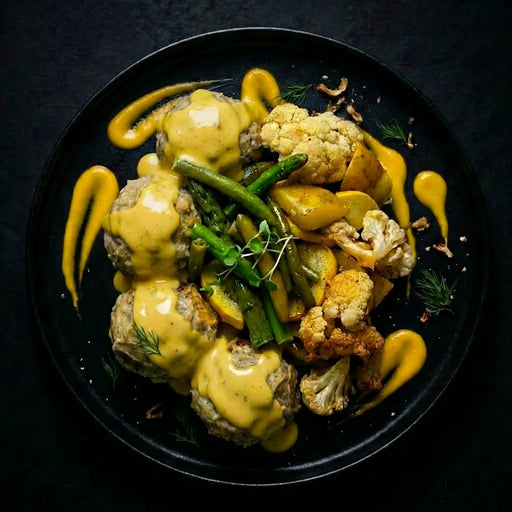 Plated dish with meatballs, vegetables, and a yellow sauce on a dark background