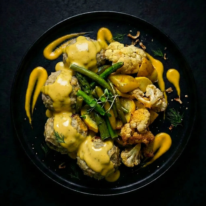 Plated dish with meatballs, vegetables, and a yellow sauce on a dark background