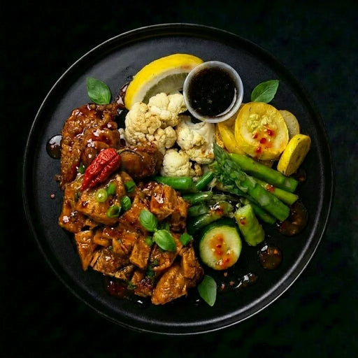 Plated dish with tofu, vegetables, and a side of sauce on a dark background
