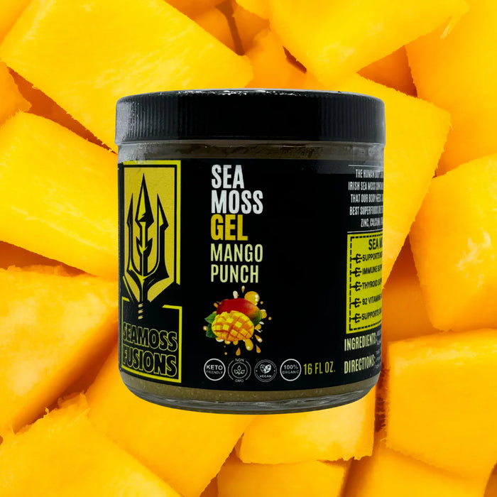 Sea moss gel container labeled 'Mango Punch' on a background of mango slices