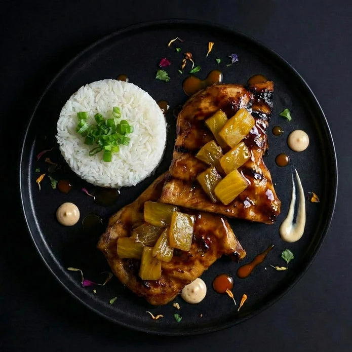 Plated dish with chicken breast, pineapple, and white rice on a dark background