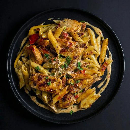 Pasta dish with chicken and vegetables on a black plate