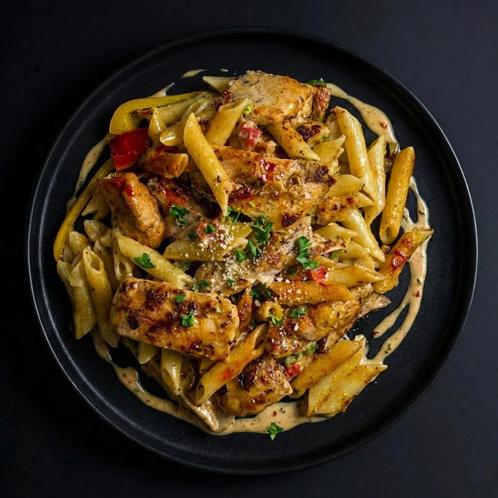 Pasta dish with chicken and vegetables on a black plate