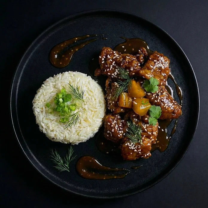 Plated dish of teriyaki chicken with pineapple and rice on a dark background
