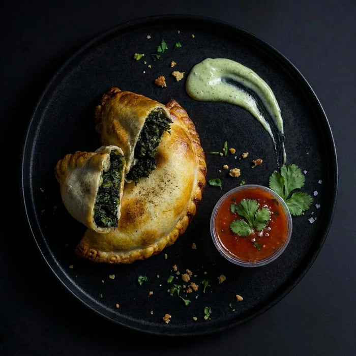 Baked dish with green filling on a black plate with dipping sauces