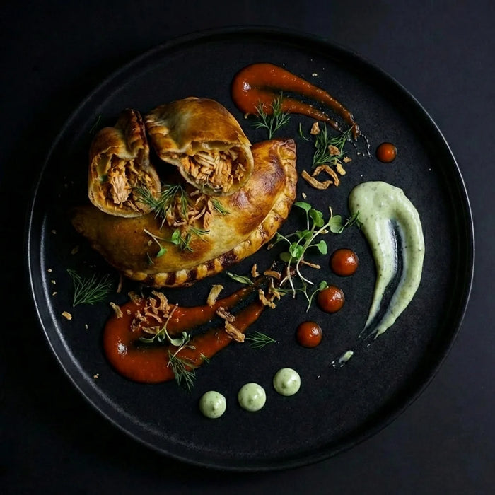 Plated dish with empanadas, sauces, and garnishes on a dark background