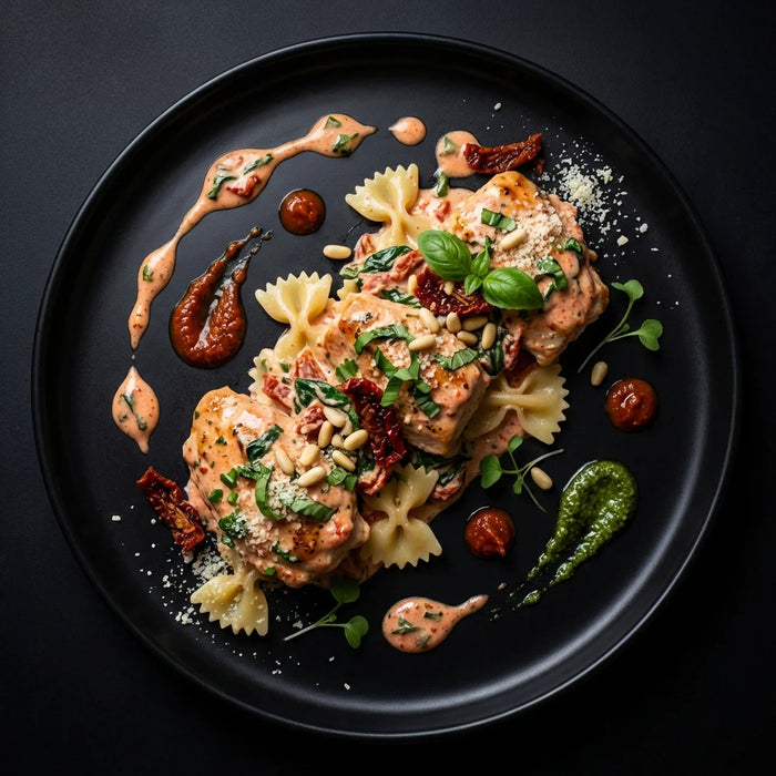 Plated dish of pasta with chicken, garnished with herbs and sauces on a dark background. The Halal Meal Preps