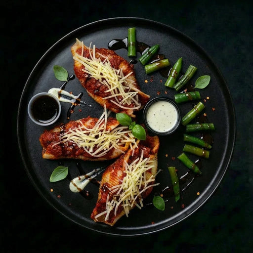 Plated dish of grilled fish with cheese and green beans on a dark background. Meal made by The Halal Meal Prep